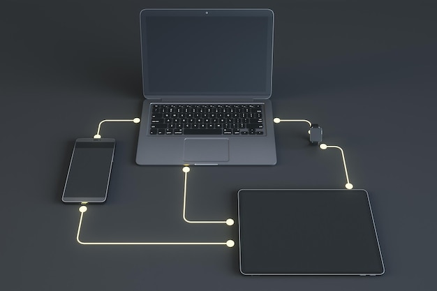 Foto intercambio de datos en la nube y concepto de conexión inalámbrica con dispositivos modernos, tabletas digitales, portátiles, teléfonos inteligentes y relojes inteligentes conectados por líneas digitales en la representación 3d de fondo oscuro