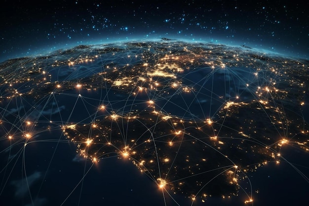 intercambio de datos y red global sobre el mundo la tierra por la noche