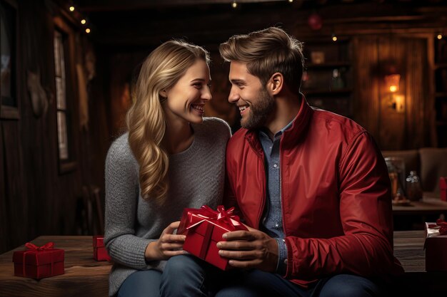 Intercambio de regalos románticos para el Día de San Valentín Una encantadora pareja compartiendo regalos sinceros