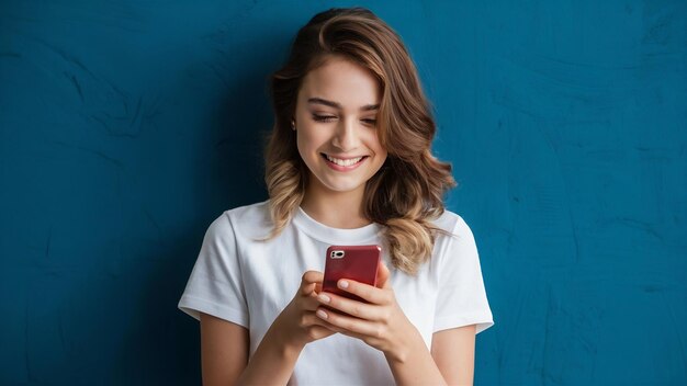 Foto interesada mujer adolescente bonita en camiseta blanca con mensajes de texto de teléfono inteligente