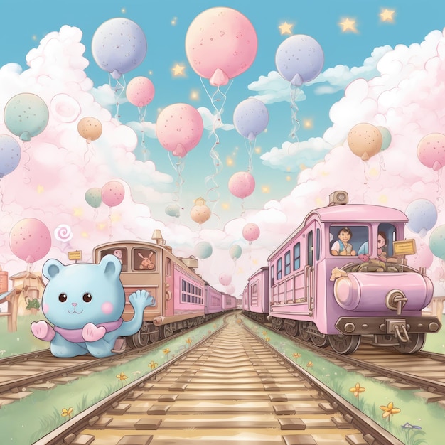 Foto interesante fondo del tren kawaii colores pastel carosidad sobrecarga generativa ai