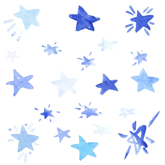 Interessante blaue Sterne auf weißem Hintergrund Aquarellillustration isolieren
