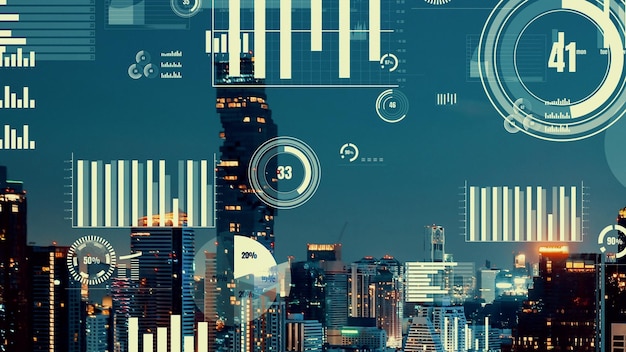 Interface analítica de dados de negócios sobrevoa a cidade inteligente mostrando o futuro da alteração