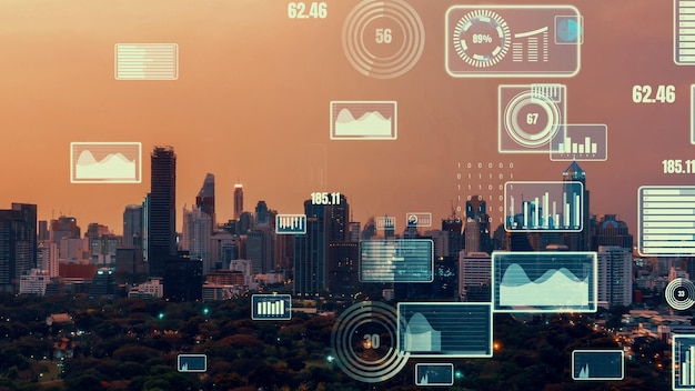 Interface analítica de dados de negócios sobrevoa a cidade inteligente mostrando o futuro da alteração