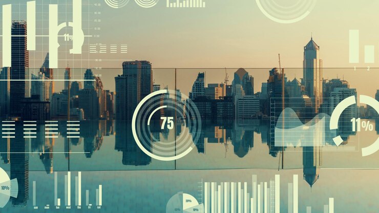 Foto interface analítica de dados de negócios sobrevoa a cidade inteligente mostrando o futuro da alteração