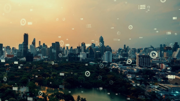 Interface analítica de dados de negócios sobrevoa a cidade inteligente mostrando o futuro da alteração