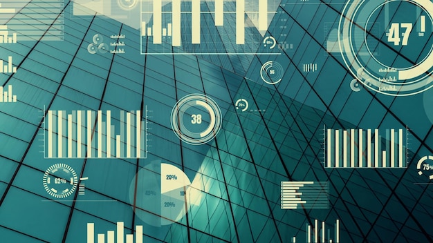 Interface analítica de dados de negócios sobrevoa a cidade inteligente mostrando o futuro da alteração