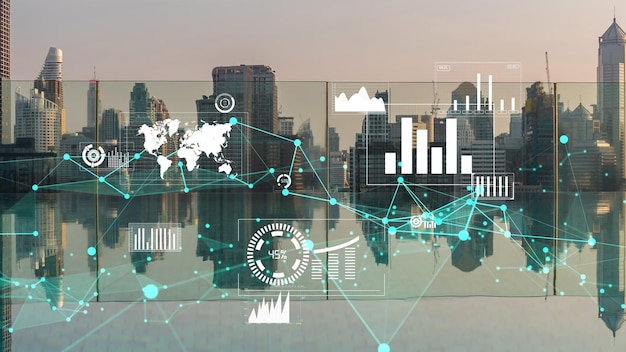 Interface analítica de dados de negócios sobrevoa cidade inteligente mostrando alteração futura