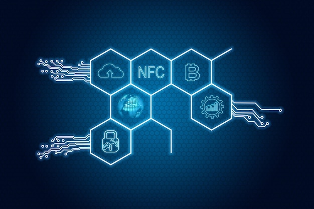 Interface de hexágonos digitais com ícones de negócios