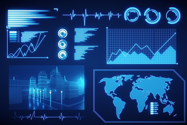 Interface de negócios digital brilhante criativa em papel de parede azul embaçado Comércio de inovação financeira e conceito de crescimento Renderização em 3D