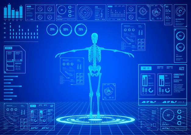 Interface de ortopedia médica HUD varredura de holograma humano análise de estrutura óssea densitometria óssea Ciência médica moderna