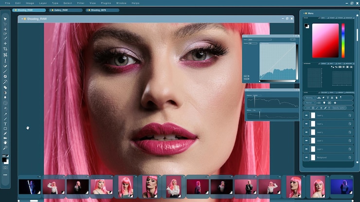 Foto interface de software de editor gráfico usada para retocar profissionalmente mulheres