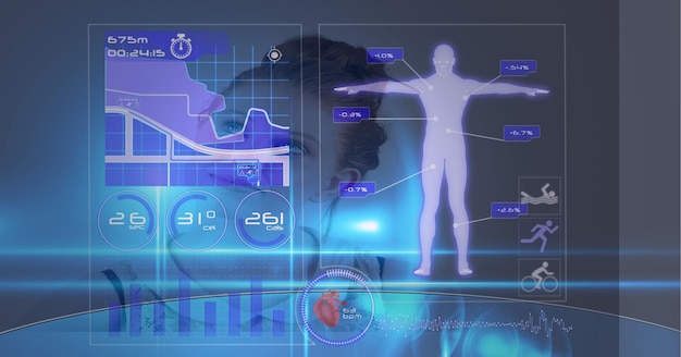 Foto interface digital com processamento de dados médicos contra mulher em segundo plano