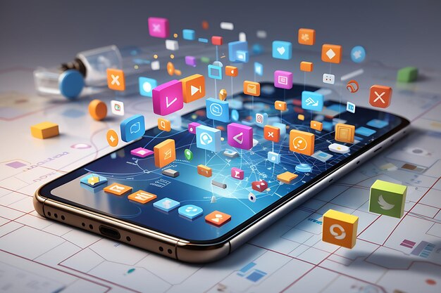 Interface do usuário e mais aplicativos no smartphone 3D do celular com ícones de aplicativos e mapa mundial