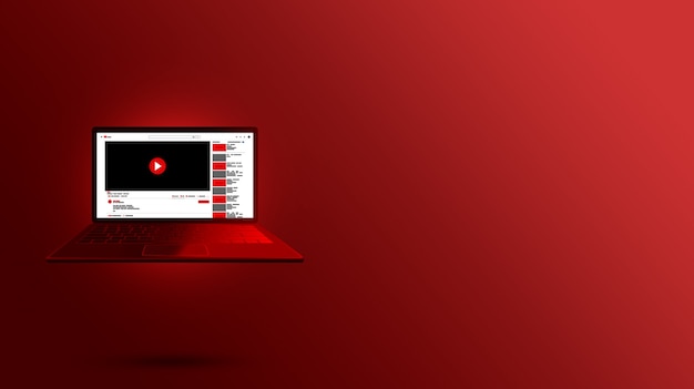 Interface do youtube no design da tela vermelha do laptop