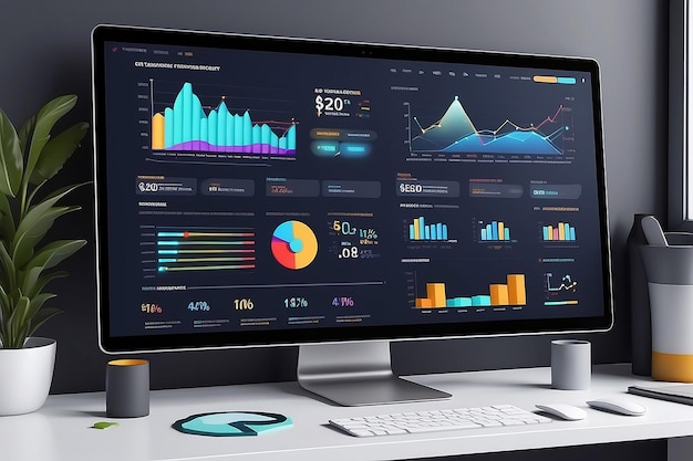 Interface web 3D UI análise de dados painel de otimização SEO e relatório de finanças de negócios