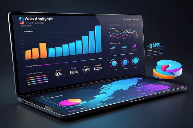 Interface web 3D UI análise de dados painel de otimização SEO e relatório de finanças de negócios