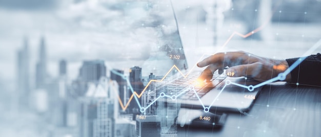 Interfaz de análisis de negocios en una pantalla virtual futurista con un fondo de ciudad