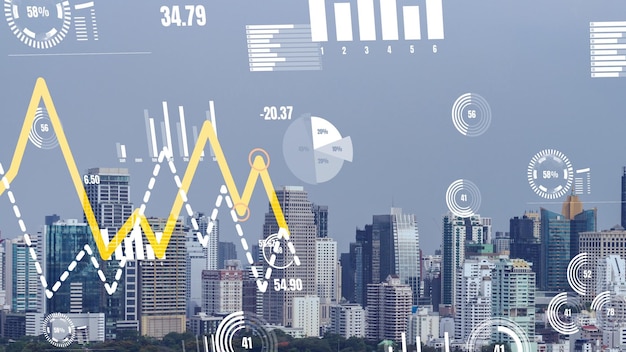 La interfaz analítica de datos comerciales sobrevuela una ciudad inteligente que muestra el futuro de la alteración