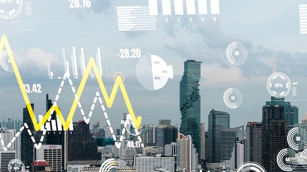 La interfaz analítica de datos comerciales sobrevuela una ciudad inteligente que muestra el futuro de la alteración