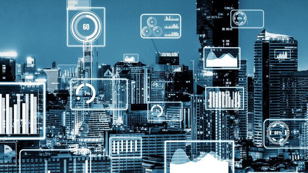 La interfaz analítica de datos comerciales sobrevuela una ciudad inteligente que muestra el futuro de la alteración