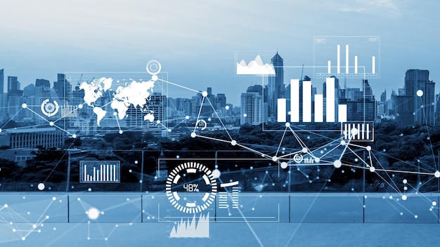 La interfaz analítica de datos empresariales vuela sobre una ciudad inteligente que muestra el futuro de la alteración
