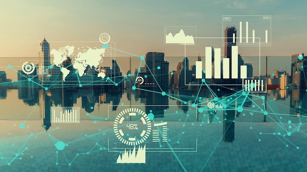 La interfaz analítica de datos empresariales vuela sobre una ciudad inteligente que muestra el futuro de la alteración