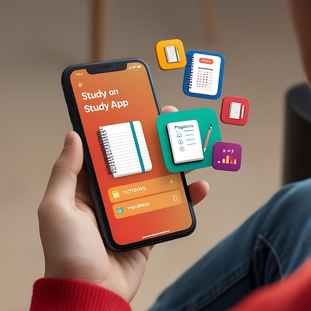 Interfaz de aplicación de estudio móvil con cuadernos y lápices