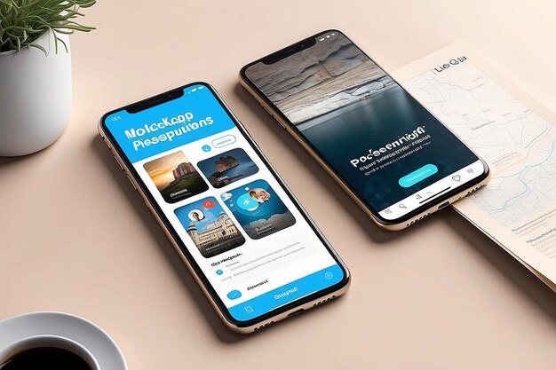 Interfaz de aplicación de teléfono inteligente y maqueta de presentación de publicaciones sociales aisladas