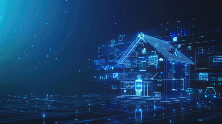 Interfaz de automatización doméstica inteligente futurista con controles holográficos en la iluminación moderna