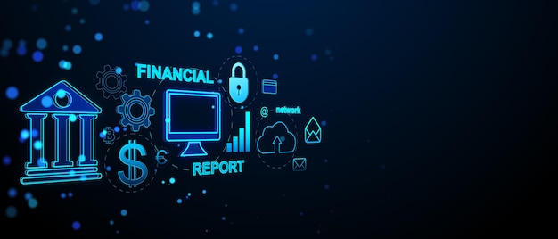 Interfaz bancaria financiera creativa en fondo azul ancho oscuro con lugar simulado Finanzas de marketing y concepto de aplicación bancaria en línea Rendering 3D
