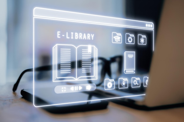 Interfaz de biblioteca holográfica digital en la pantalla de la computadora portátil en el entorno de oficina moderno