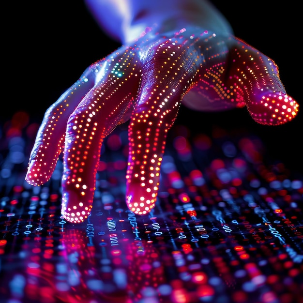 Interfaz de código binario digital tocada por la mano del programador