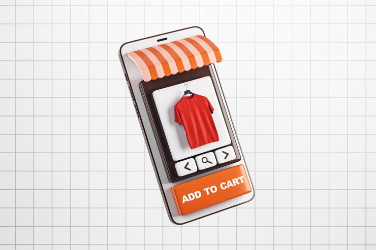 Foto interfaz de compras móviles con botón añadir al carrito y ropa en pantalla renderización 3d