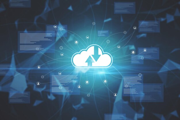 Interfaz de computación en la nube brillante creativa sobre fondo oscuro borroso Red en línea y concepto de base de datos Representación 3D