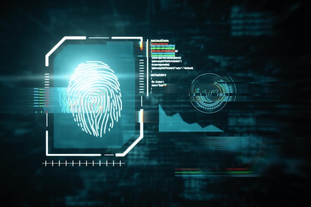 Interfaz creativa de escáner de huellas dactilares azul brillante en fondo oscuro Información tecnológica y concepto de identificación Renderización 3D