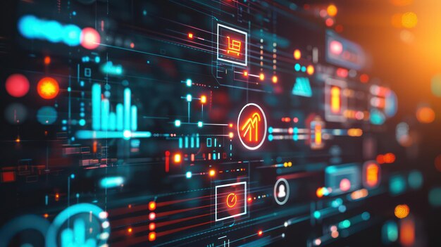 Interfaz digital abstracta con iconos que representan varios aspectos de las estrategias de marketing digital