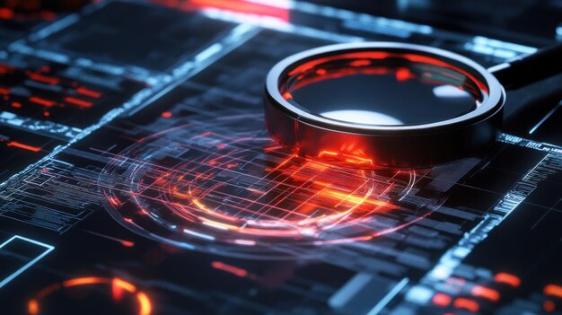 Interfaz digital abstracta con lupa enfocada en un punto de datos