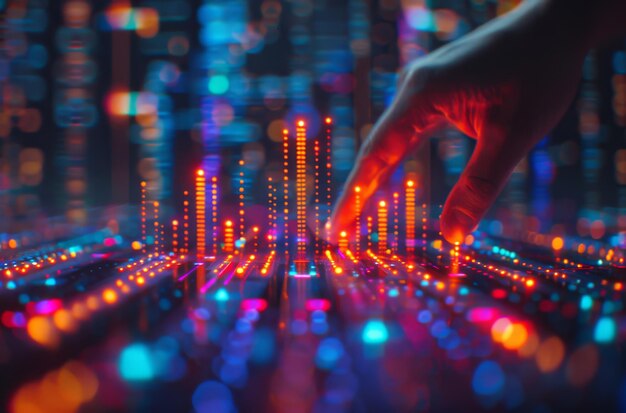 Interfaz digital futurista con una mano apuntando a las flechas de la tendencia ascendente en medio de luces coloridas