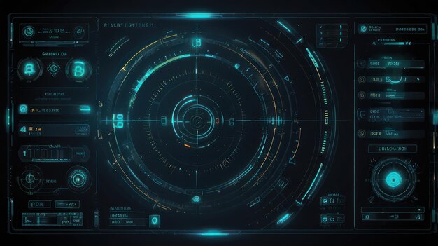 Interfaz digital futurista con un objetivo circular en el centro rodeado de varias pantallas de datos e íconos