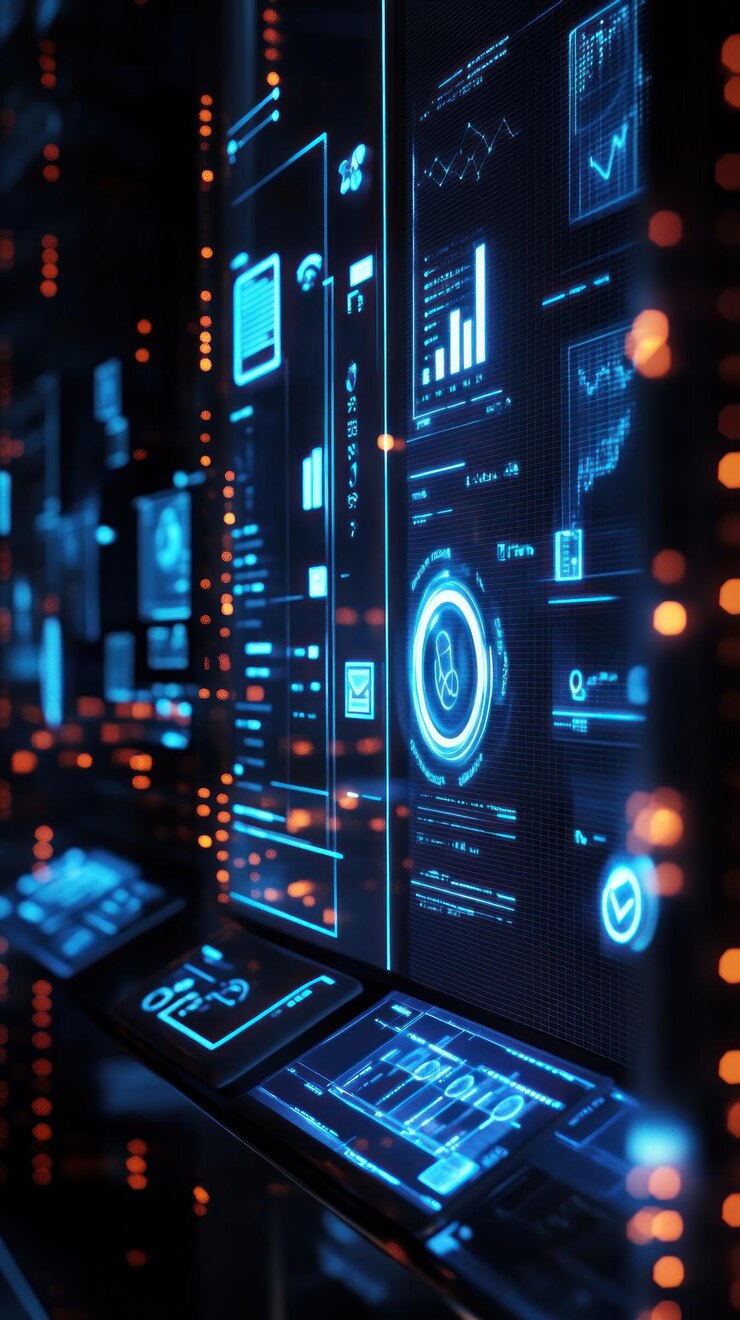 Foto interfaz digital futurista que muestra análisis de datos y métricas tecnológicas