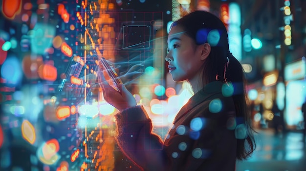 En una interfaz digital futurista se ve a una mujer experta en tecnología usando un teléfono inteligente AIG62