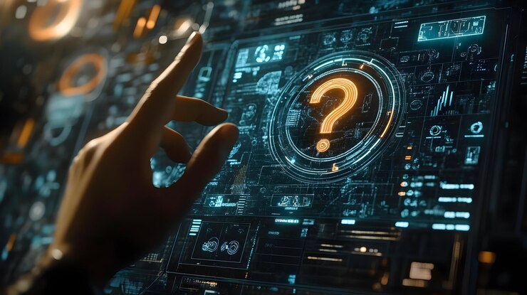 Foto interfaz digital con ilustración de signos de interrogación