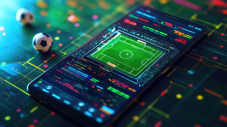 Interfaz dinámica de la aplicación de apuestas deportivas en el teléfono inteligente con fondo de campo de fútbol