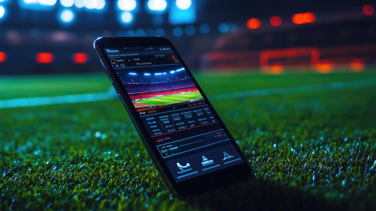 Interfaz dinámica de la aplicación de apuestas de fútbol en un teléfono inteligente elegante con un fondo de campo vibrante