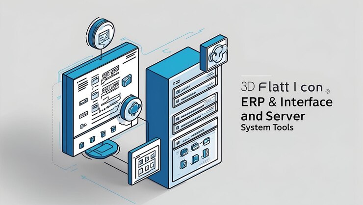 Foto interfaz de erp de ícono plano 3d y servidor con espacio de copia para herramientas del sistema ideal para la gestión de empresas