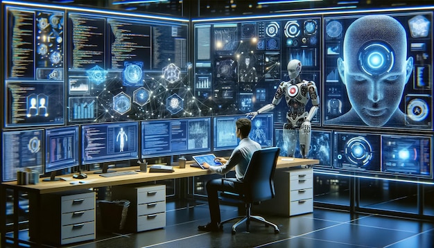 Interfaz futurista con asistente de IA holográfico en el espacio de trabajo de alta tecnología