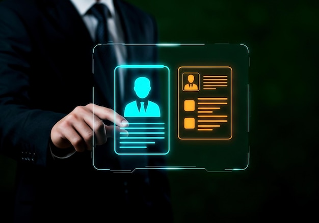 Interfaz futurista que muestra el currículum y la información del candidato