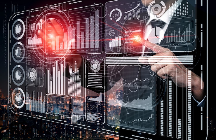 Foto la interfaz gráfica moderna muestra información masiva del informe de ventas comerciales, el gráfico de ganancias y el análisis de tendencias del mercado de valores en el monitor de pantalla.