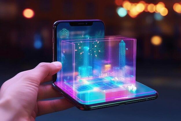Foto interfaz holográfica flotando sobre un teléfono inteligente creado con ia generativa